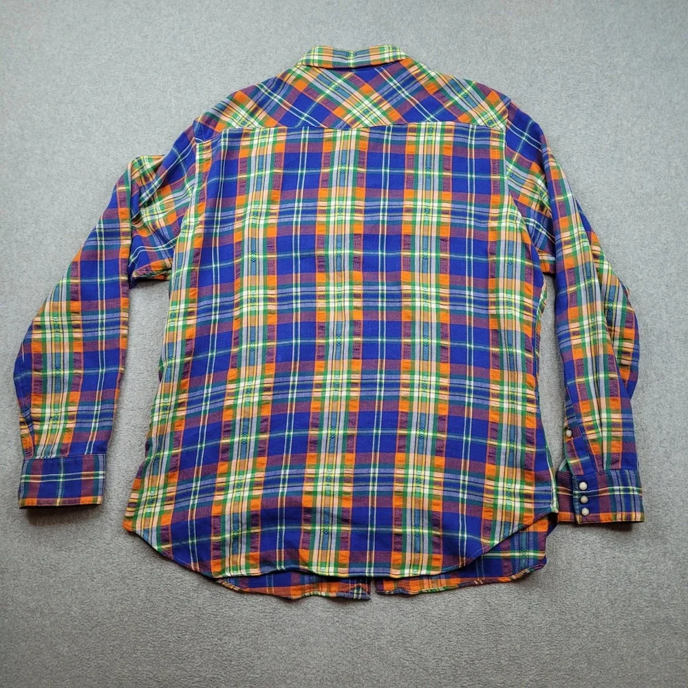 Polo Ralph Lauren Western Shirt Mens XL Blue Orange Plaid Pearl Snap Cotton